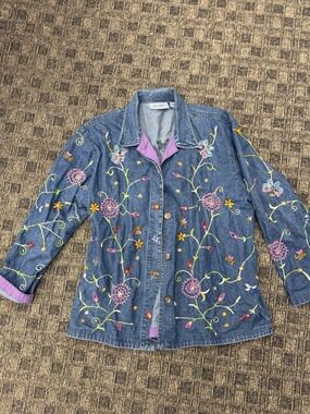 Vintage Jane Ashley Beaded Embroidered Denim Shirt XL 100% Cotton